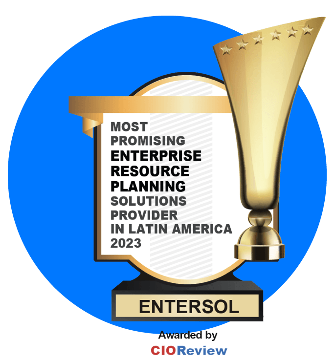 Sello de CIOReview: Most Promising Enterprise Resource Planning Solutions Provider in Latin America 2023, otorgado a ENTERSOL.